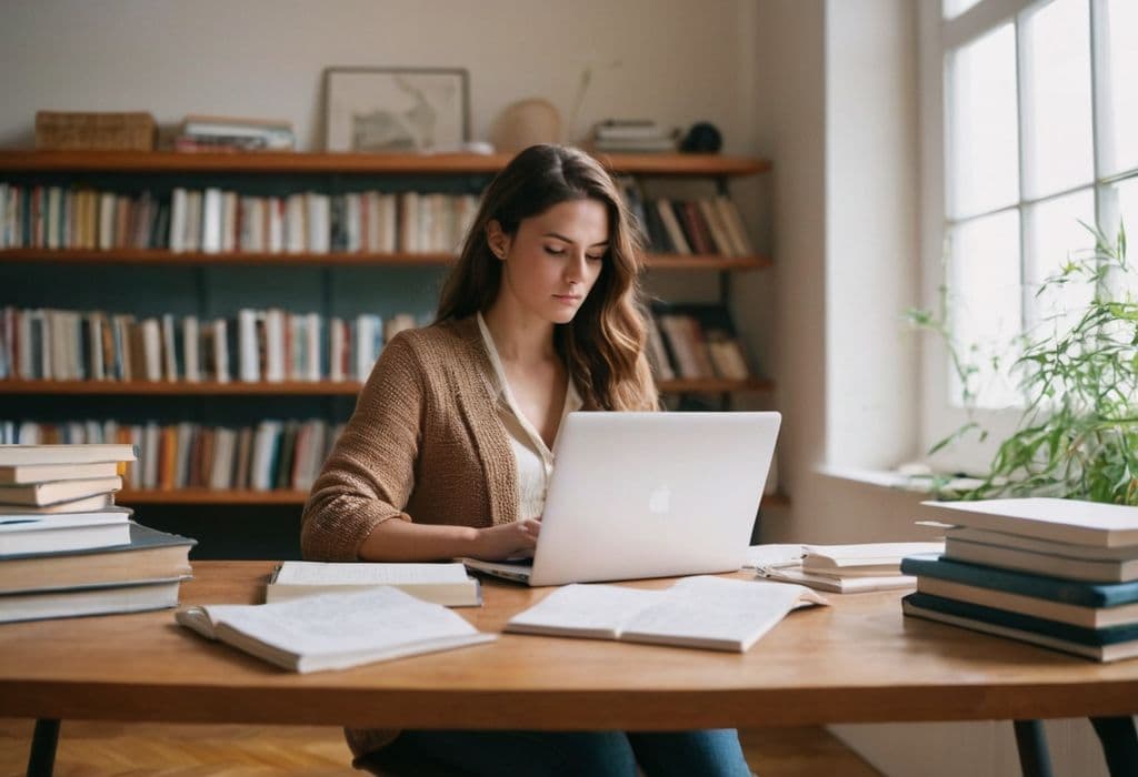 a woman sitting at a desk with a laptop in front of books