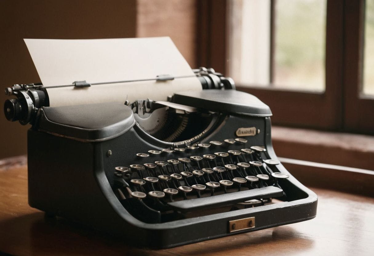 Gros plan sur une machine à écrire classique avec une feuille de papier vierge, prête pour le premier mot, dans un cadre vintage, Photographie capturant lanticipation de commencer une histoire avec un focus sur la machine à écrire.