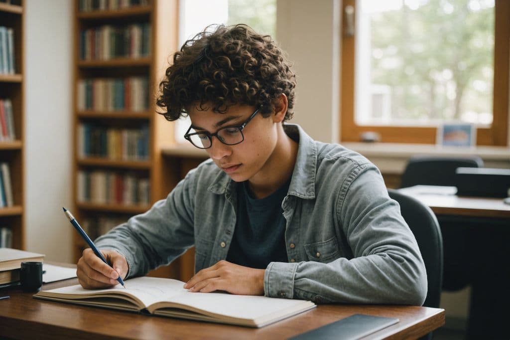 un joven escribiendo en un libro en una biblioteca