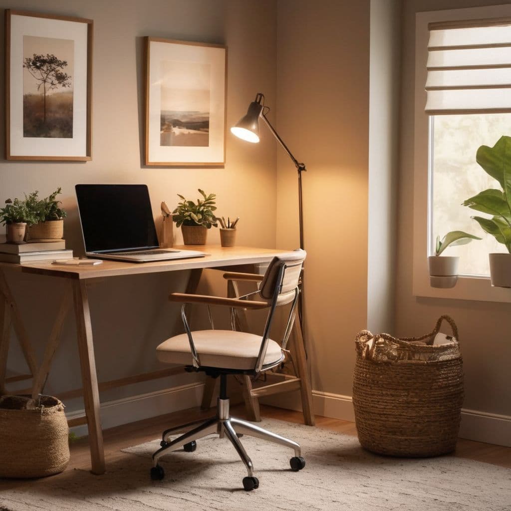 A calm and organized writing space with a desk, comfortable chair, and good lighting, emphasizing an ideal writing environment, Photographic, captured in natural ambient light.