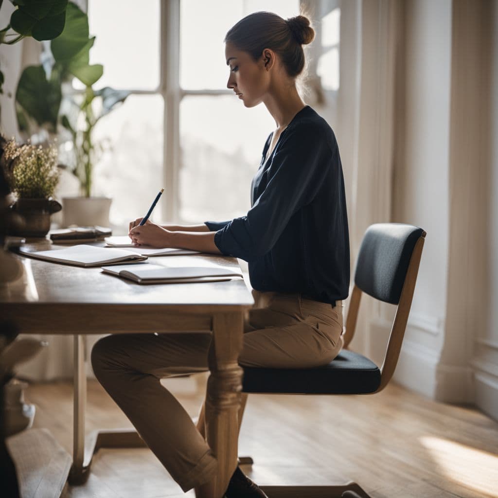 Zijaanzicht van een persoon die aan een bureau schrijft met een goede houding, met focus op de uitlijning van de rug en armen, Fotografisch, vastgelegd in een goed verlichte kamer.