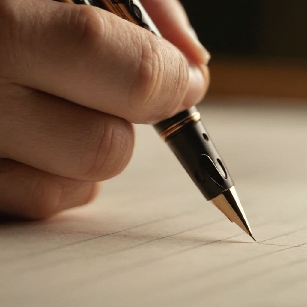 Close-up of a hand holding a pen with proper grip, focusing on the fingers and pen, Photographic, with detailed focus and soft background lighting.