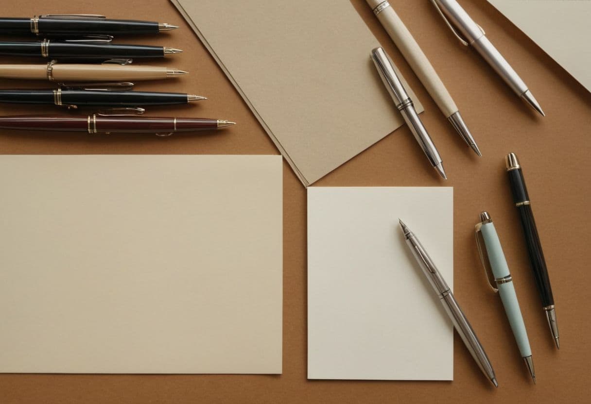 An assortment of different pens and types of paper spread out on a table, showcasing variety, Photographic, captured from above in soft, natural light.