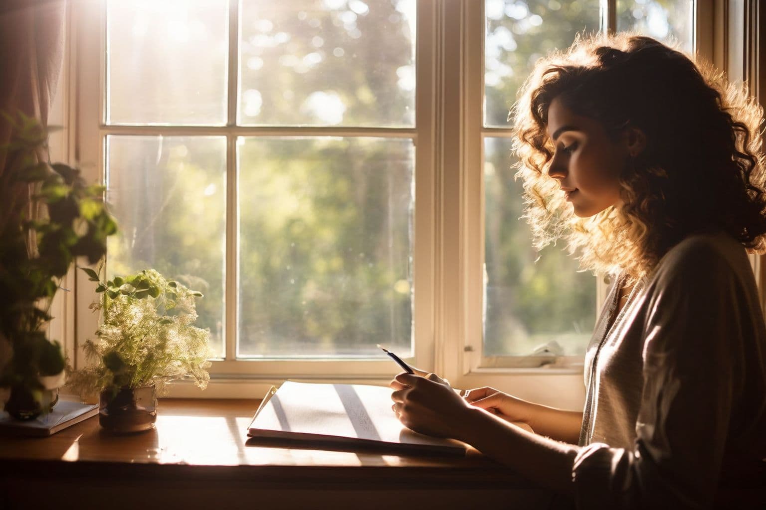 Eine Person, die nachdenklich aus einem Fenster schaut, mit einem Notizblock und Stift in der Hand, über ihre schriftliche Arbeit nachdenkend, in einem hellen und luftigen Raum, fotografisch, aufgenommen mit weichem natürlichem Licht und einer mittleren Aufnahme mit einem 50-mm-Objektiv.