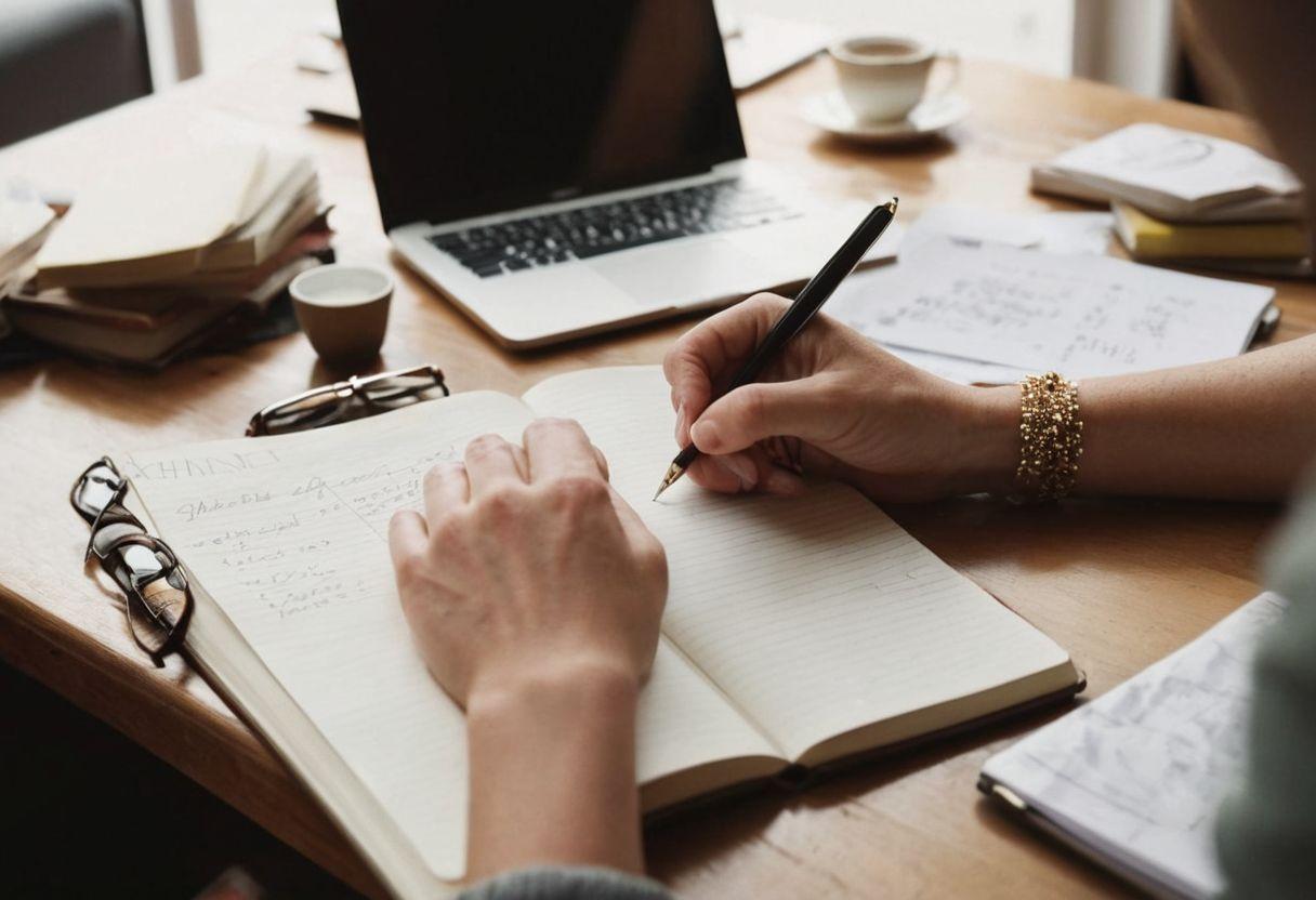 Détail en gros plan de mains écrivant des notes et planifiant un essai sur un bureau encombré, entouré de livres et de café, suggérant une session de planification productive et réfléchie. Image photographique haute résolution avec lumière naturelle et objectif de 50 mm.