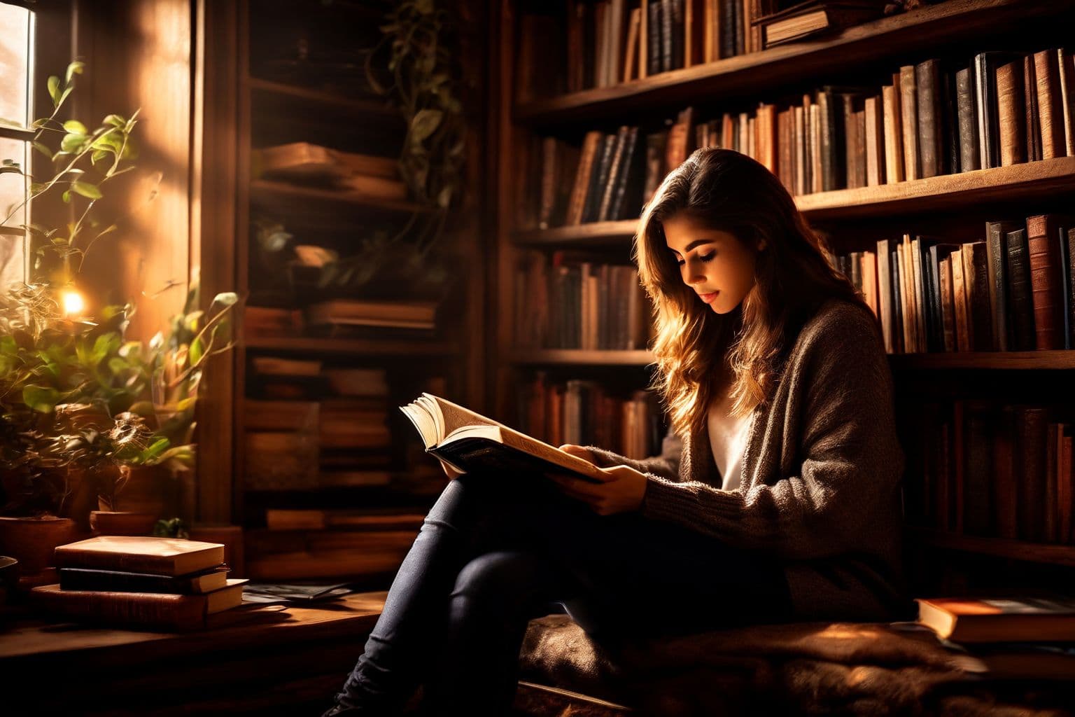 Person reading a thick book in a cozy corner with a cup of coffee, surrounded by shelves of books, Photographic, captured with warm ambient lighting and a medium shot to create a comfortable, inviting reading environment.