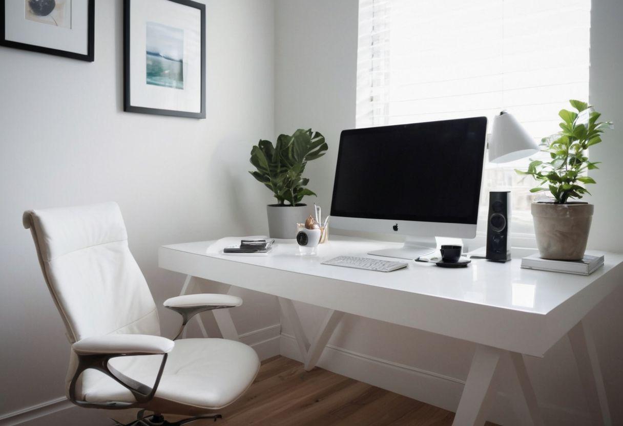 Modernes minimalistisches Home-Office mit einem eleganten weißen Schreibtisch, zeitgenössischen Geräten, einem bequemen Stuhl und einem großen Fenster mit natürlichem Licht, das einen einladenden und professionellen Arbeitsbereich schafft, Fotografie in UHD mit Weitwinkelobjektiv, das Geräumigkeit und Detail zeigt.