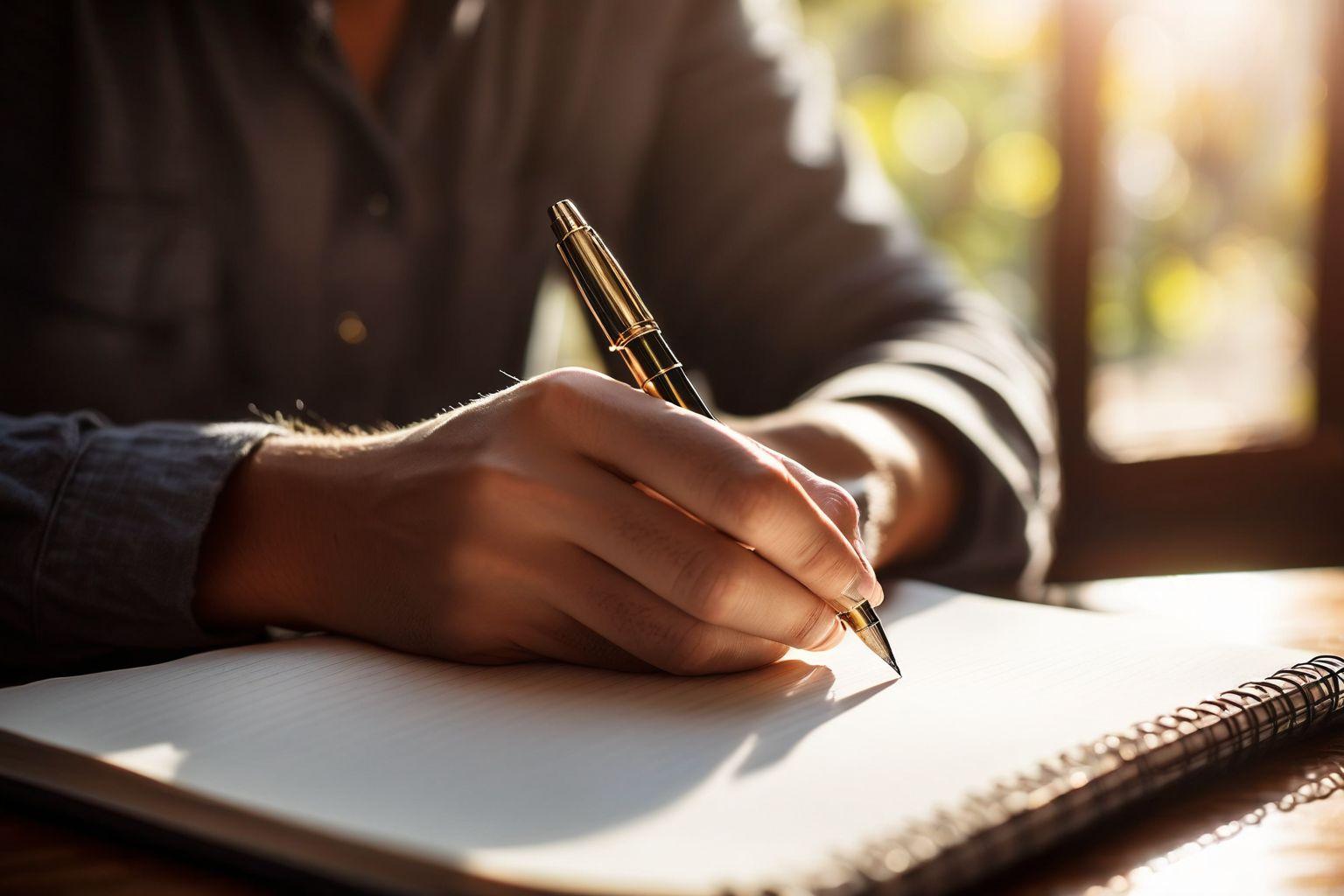 Nahaufnahme einer Hand, die einen Stift hält und bereit ist, in ein Notizbuch zu schreiben, weicher Fokus im Hintergrund mit natürlichem Licht, ein Moment der Kontemplation und Bereitschaft, fotografiert mit einem Makroobjektiv für detaillierte Textur von Stift und Papier.