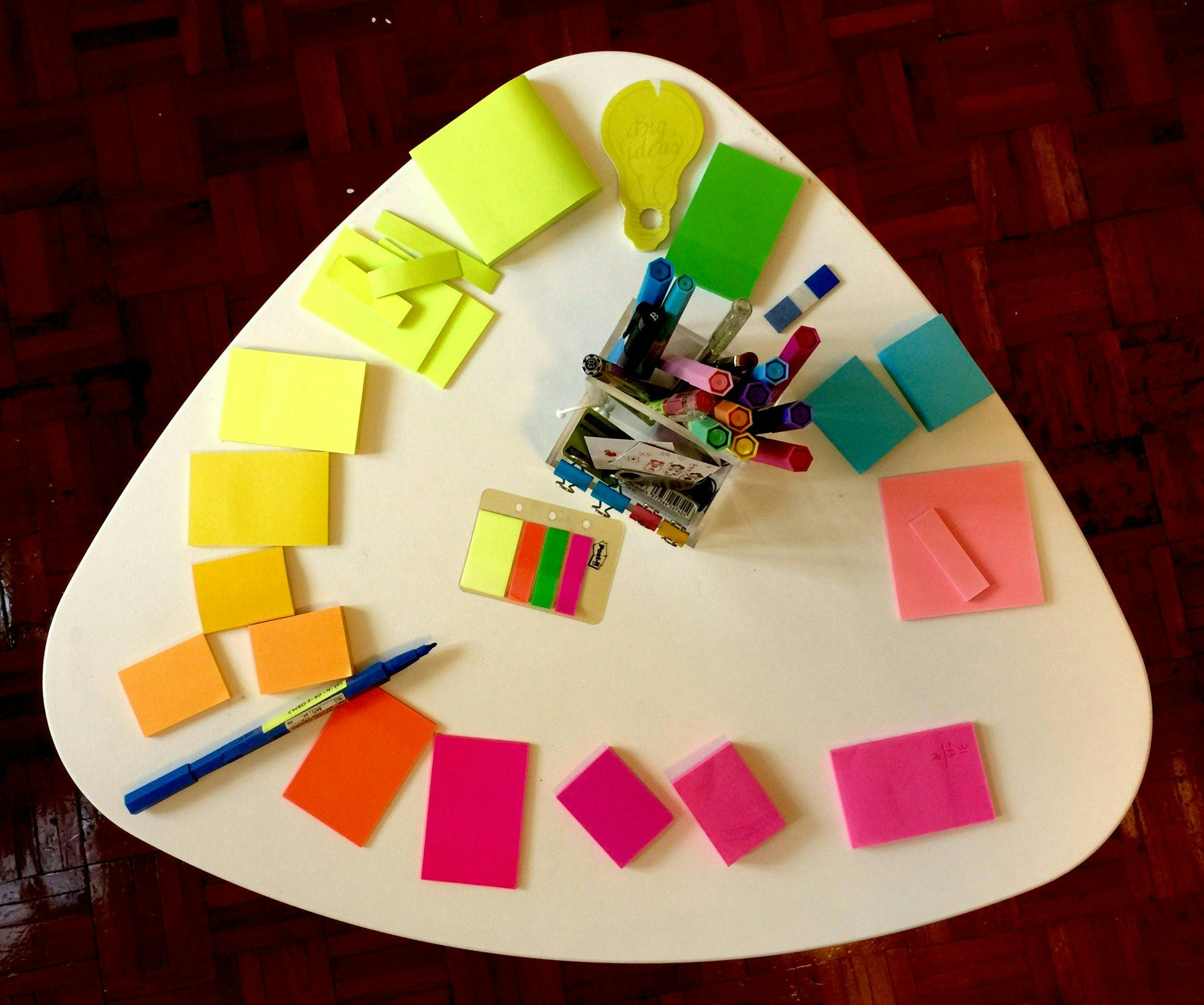 une table blanche recouverte de notes autocollantes de différentes couleurs