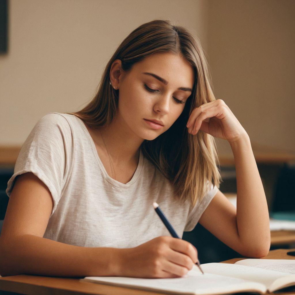 Een nadenkende student schrijft de laatste regels van een scriptie, een rustige studieruimte met weinig afleiding, foto die het moment vastlegt met omgevingslicht en een middelgrote telelens, hoge resolutie.