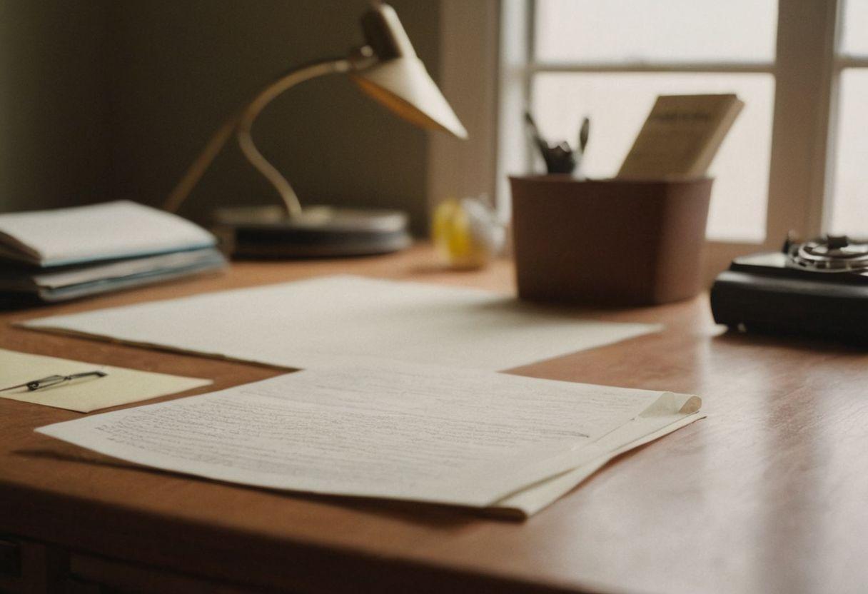 A neatly organized desk with a visible outline of a conclusion on a paper including headings and bullet points, indoor, under soft natural light, Photographic, high resolution with focus on the paper details.