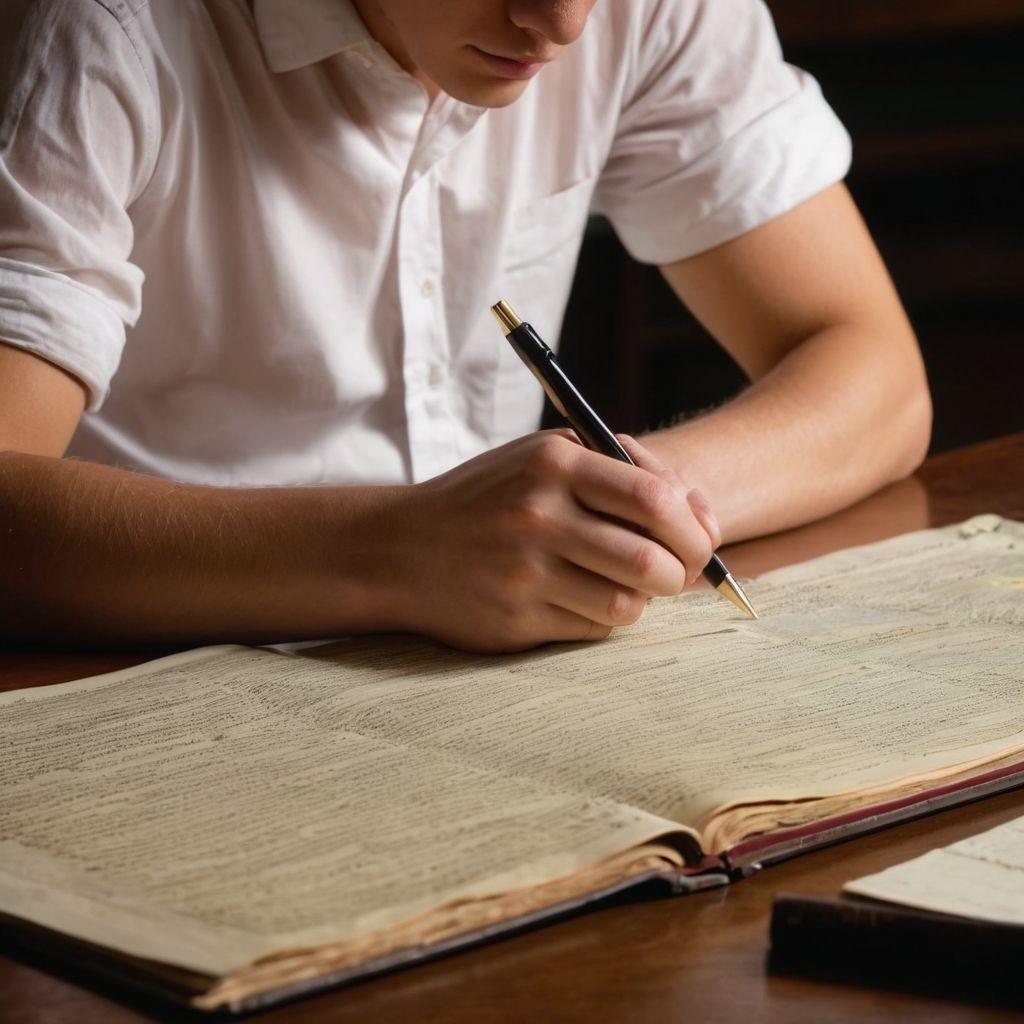 Een student analyseert historische documenten met zichtbare aantekeningen en markeerstiften, gefocust op een specifiek document, in een georganiseerde, studieuze omgeving, Fotografisch, genomen met hoge details en natuurlijk licht.