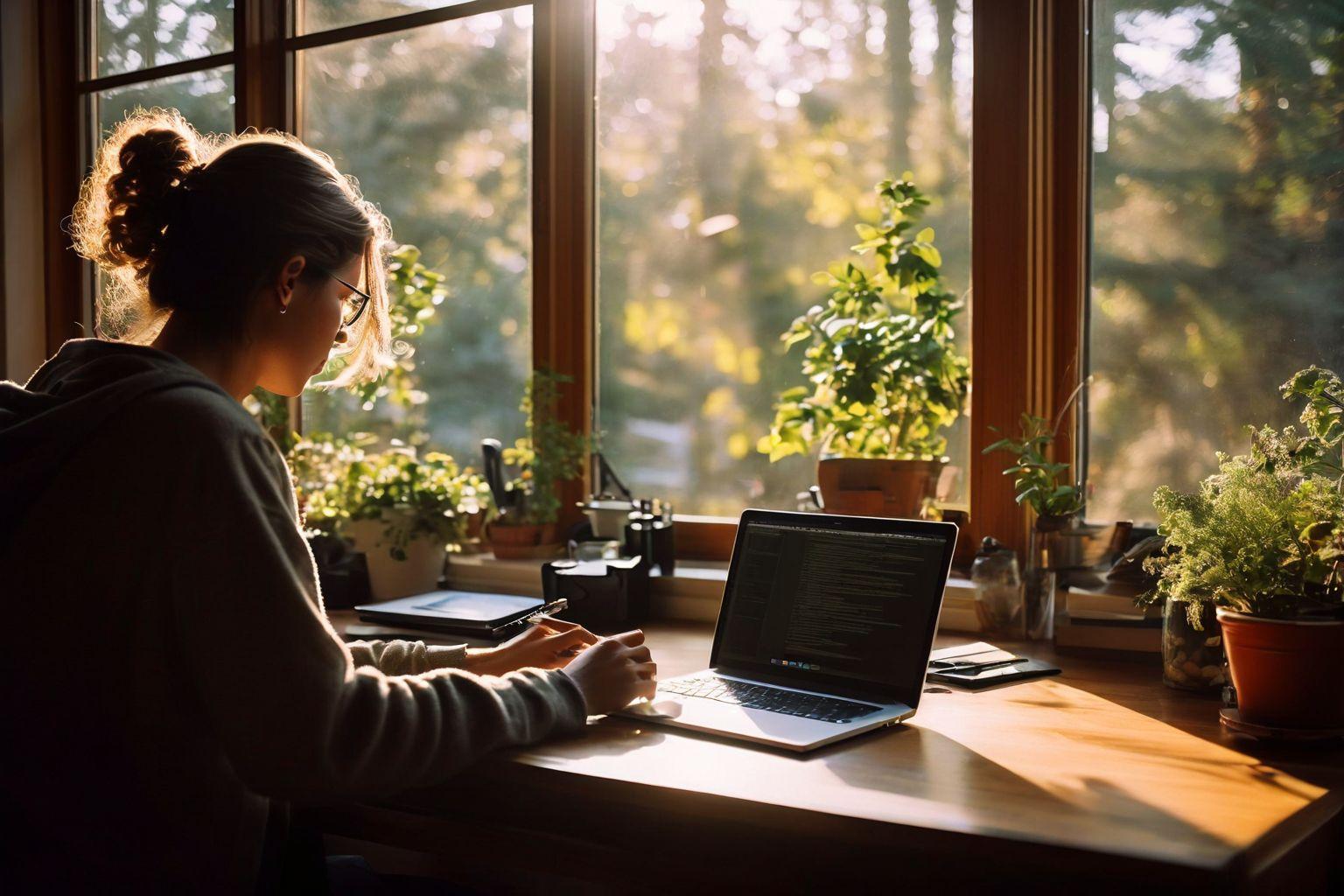 Over-de-schouder zicht van een persoon die een essay opstelt op een laptop in een gezellige binnenomgeving, Fotografisch, Fotografie met een 35mm-lens, natuurlijk binnenlicht.