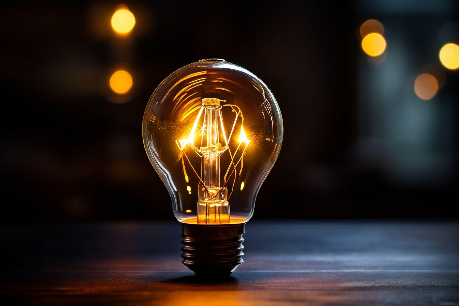 Primo piano di una lampadina con un bagliore luminoso su uno sfondo scuro, che rappresenta un momento di ispirazione, Fotografia, Fotografia con obiettivo da 35 mm, alta risoluzione, luce soffusa.