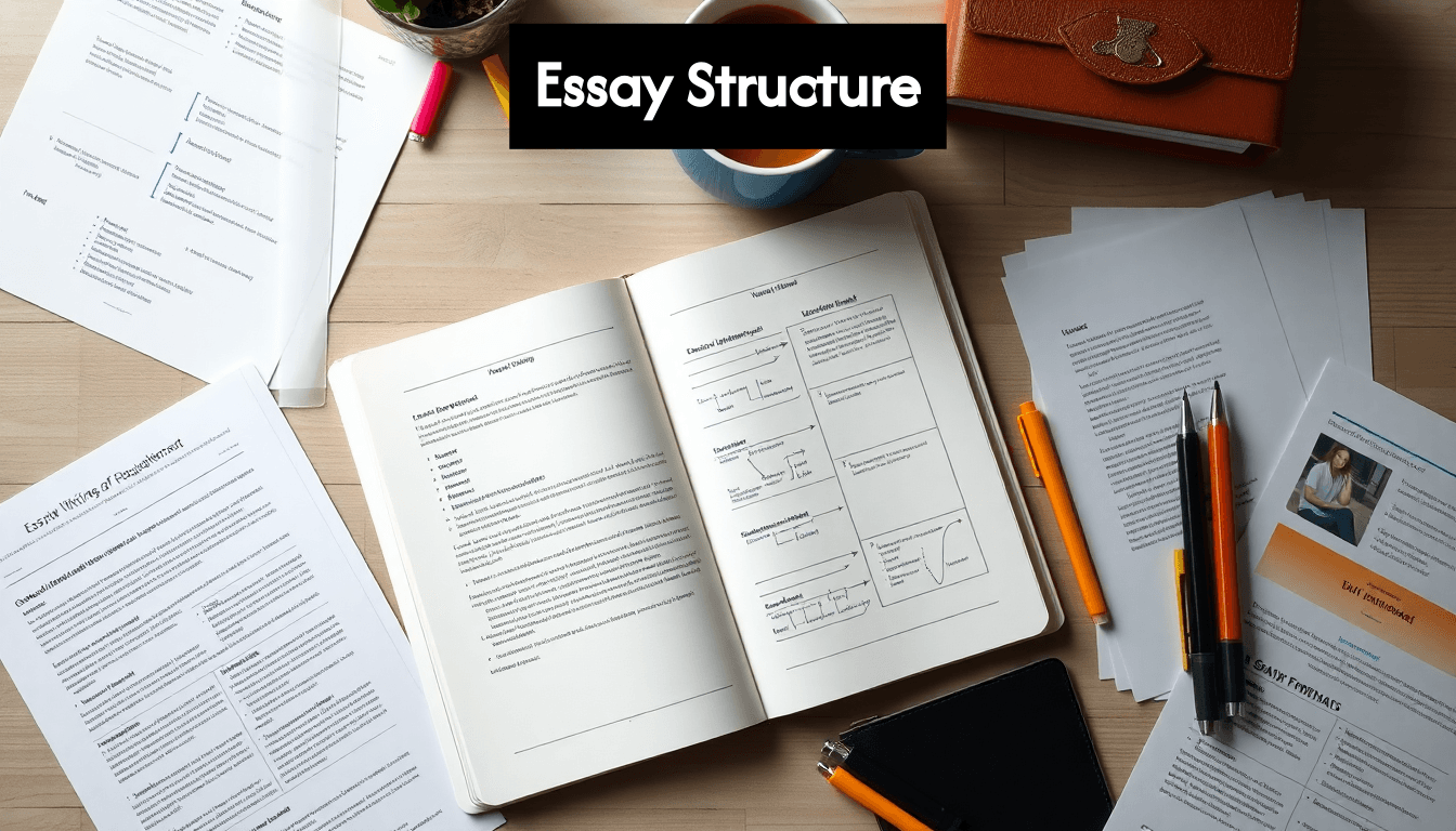 Desk with essay writing materials
