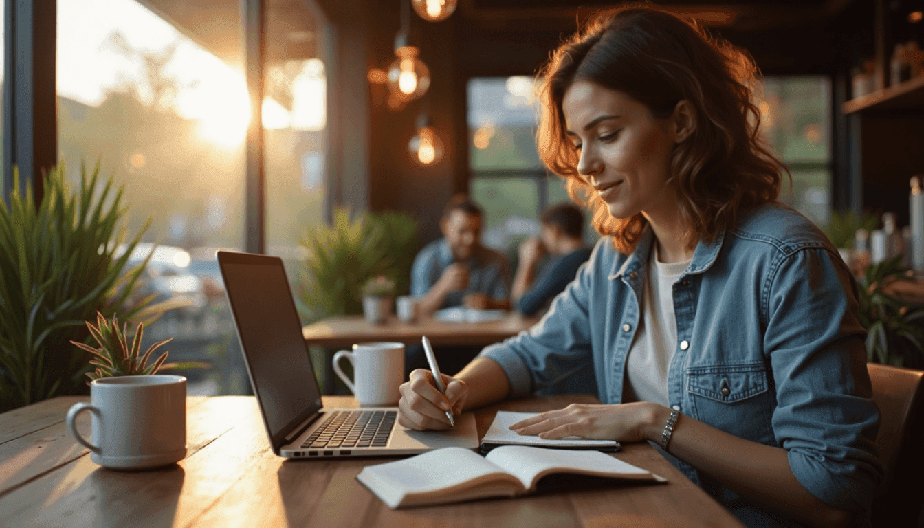 Writer editing adaptive content on laptop in coffee shop