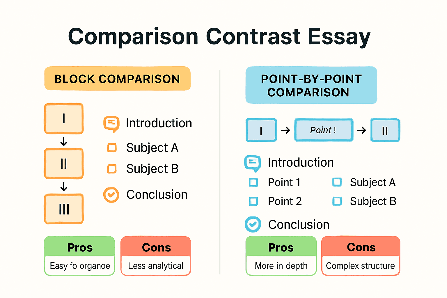 Infographic comparing block and point-by-point essay outline structures