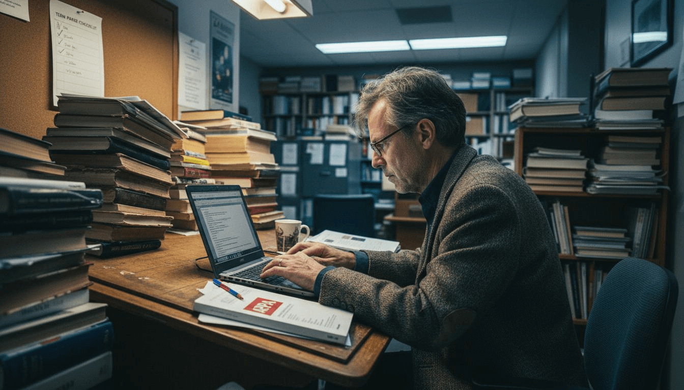 Professor working on research citations in office