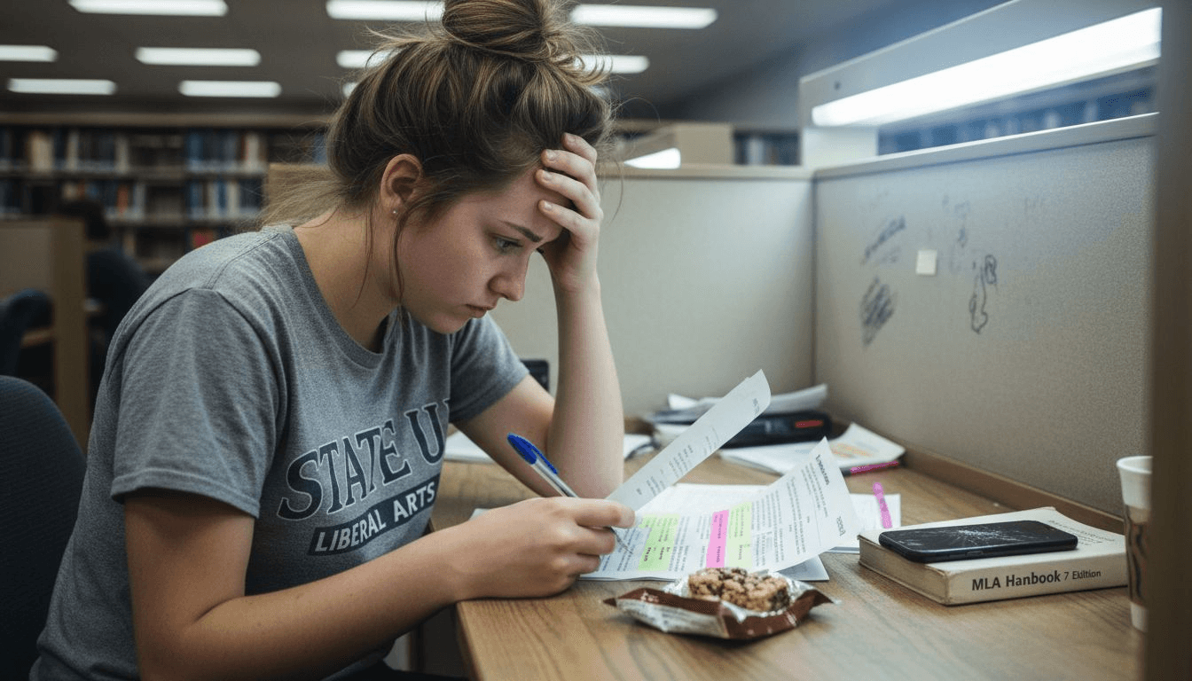 Student reviewing essay with highlighted paragraphs