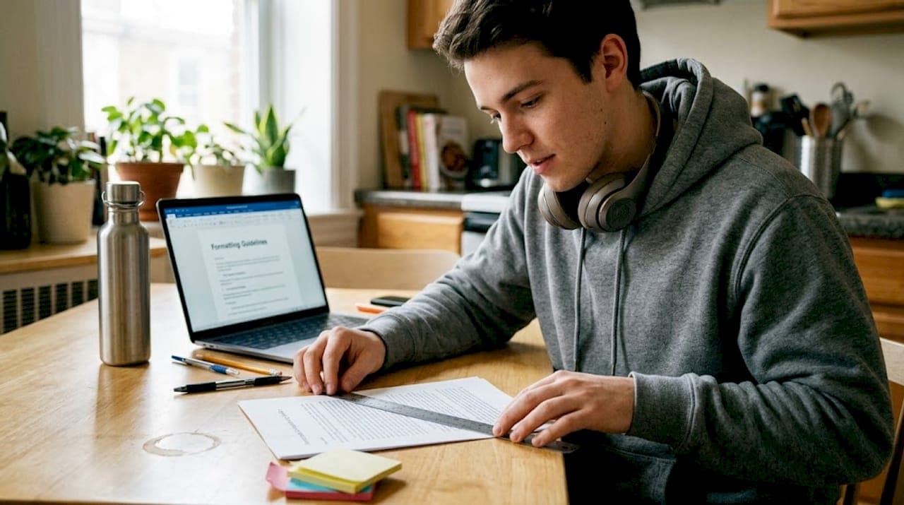 Student checking paper margins with ruler