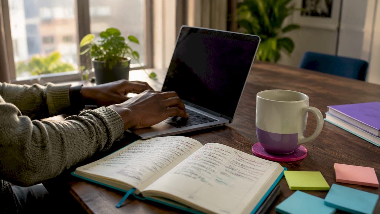 Hands typing and outlining academic paper draft