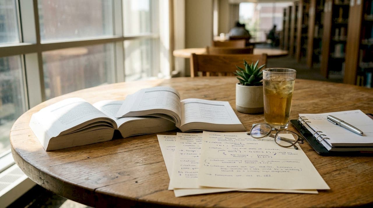 Overhead study table with citation style manuals and notes